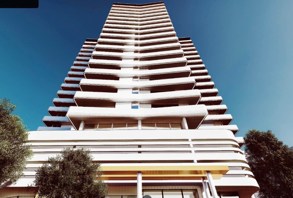 Vista en contrapicado de la fachada premiada del edificio Curupaú Isuto